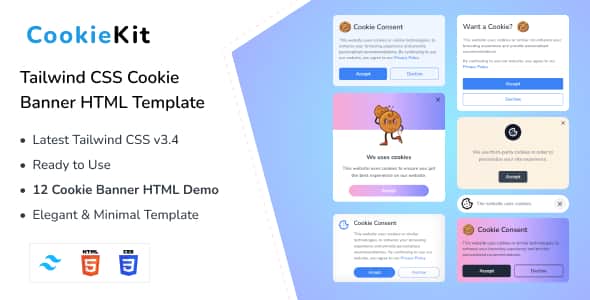 CookieKit - Tailwind CSS 3 Cookie Banners HTML Template | Clean Code