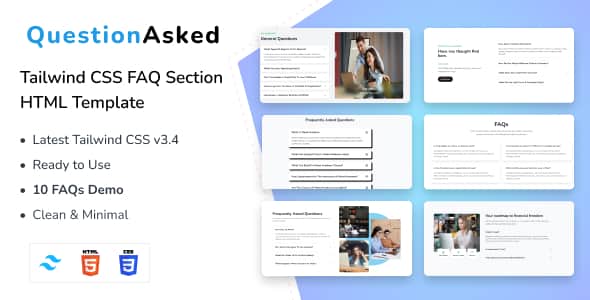 QuestionAsked - Tailwind CSS FAQ Section HTML Template - 10 Demos