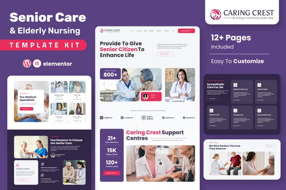 Caring Crest - Senior Care Services Elementor Template Kit | Clean UI