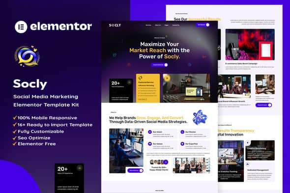 Socly - Social Media Marketing Agency Elementor Template Kit | No Code