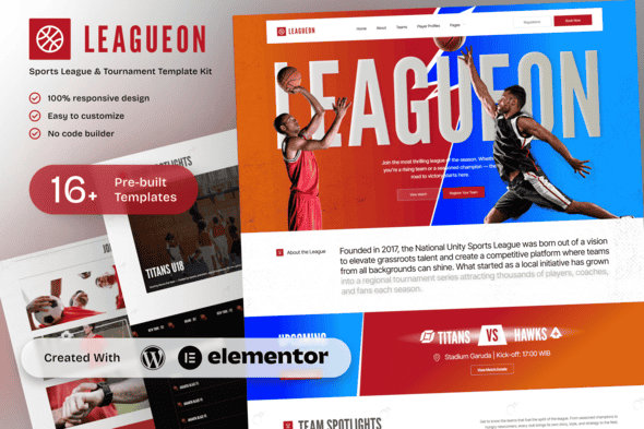 Leagueon – Sports League & Tournament Elementor Template Kit | No Code
