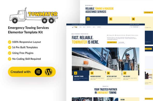 Towmater - Emergency Towing Service Elementor Template Kit | WordPress