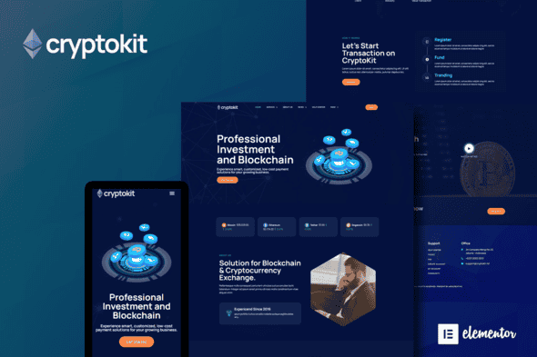 Cryptokit - Blockchain Cryptocurrency Elementor Template Kit - Dark UI